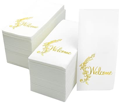 LEKOCH 50 pcs Papel Desechable Servilletas Blancas y oro de Preminum Servilletas Papel Efecto Tela Blanco y Ddorado Rectangulares para Bodas, Navidad, 43 x 30 cm