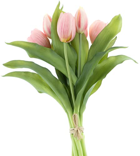 mucplants künstliche Tulpen Tulpenbündel mit 4 Tulpen und 3 Tulpenknospen real Touch (Rosa)