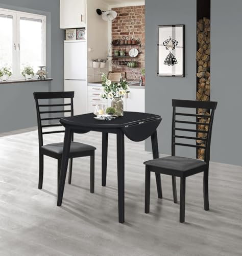 Hallowood Furniture Ledbury Round Dining Table and Chairs Set 2 in Black Finish, Wooden Drop Leaf Kitchen Table and Chairs with Dark Grey Fabric Padded Seat, Dining Room Set
