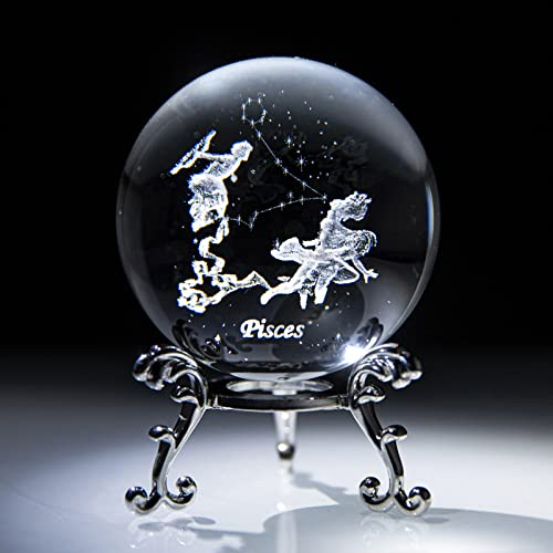 ZUHERA 3D-Innenschnitzerei Fische Sternbild Kugel Kristall Briefbeschwerer Vollkugelglas Fengshui mit splitterbeschichtetem Blütenständer, 01,5,8 cm