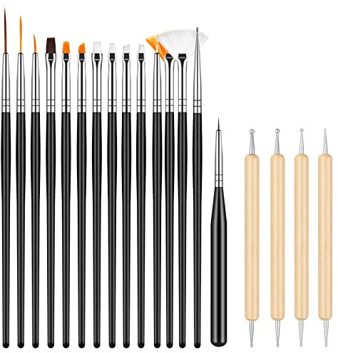 19 Pièces Pinceaux pour Nail Art, 15 Pcs Noir Pinceaux à Ongles Nail art, 4 pièces Dotting Pen pour Nail Design, Dessin Stylo Ensemble Outil À Ongles Pour Aquarelle Nail Art Pinceau