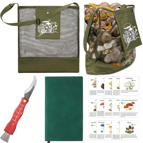 Seajan Kit de búsqueda de hongos de 18 piezas con bolsa de caza, tarjetas guía de cepillo de cuchillo y cuaderno para los amantes de los hongos (verde militar)