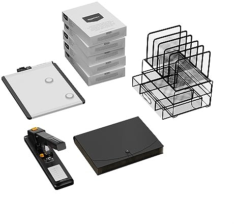 Amazon Basics – Grundlegendes Heimbürobedarf-Set: Strapazierfähiges Heftgerät, Druckerpapier, Whiteboard, Aktenmappe und Schreibtisch-Organizer – 9 Teile, Schwarz