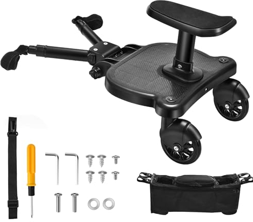 RINRI Buggy Board, Trittbrett mit Sitz für Kinder, Trittbrett Mitfahrbrett Universal, Buggyboard für alle Kinderwagen, Kiddy Board mit Aufhängegurt, für Kinder von 2-6 Jahren, Bearing 55 lbs (Schwarz)