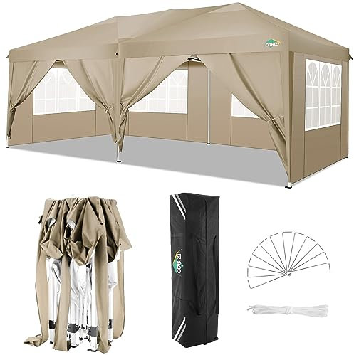 COBIZI Carpa 3x6m Cenador Plegable Impermeables Techo de Pabellón de Jardín de Revestimiento con 6 Paredes para Cenador Carpa Toldo para Jardin, Playa, terraza, Exterior Fiestas,Caqui