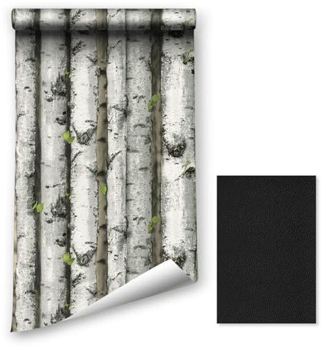 LZH-LP Papier peint autocollant à décoller et à coller, 44.5x700CM motif forêt de bouleau, film vinyle amovible, revêtement mural de meubles avec patch de réparation en cuir pour canapé en cuir