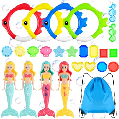 WuGU 24 Pcs Jouets de Plongée Piscine, Jouets pour Piscine, Anneaux de Plongée, Jeu de Gemme Lumineuse & des Trésors, Jouet sous Eau été avec Sac de Rangement pour Enfant