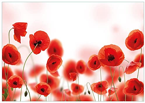 Wallario Glasbild Leuchtende Mohnblumen - Rote Mohnblumenblüten - 70 x 100 cm Wandbilder Glas in Premium-Qualität: Brillante Farben, freischwebende Optik