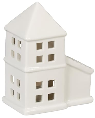 Relaxdays Teelichthaus Keramik, Leuchthäuschen für 1 Teelicht, H x B x T: 11,5 x 9,5 x 6 cm, Teelichthalter Haus, weiß