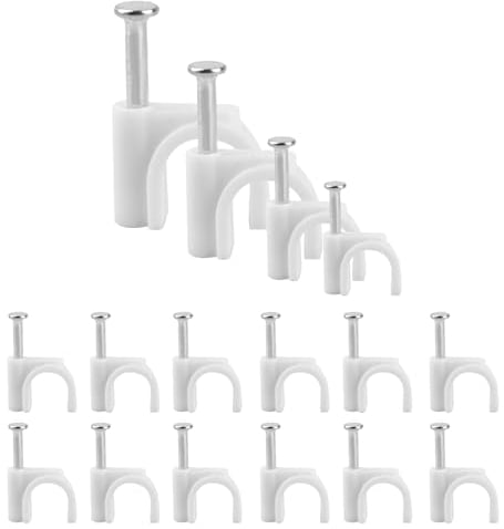 4 Sizes White Cable Clips - Round, Tidy, Wall Clips With Steel Nails - 4mm 6mm 8mm 10mm Wire Tacks for Ethernet, Telephone Line, TV, USB (400 Pieces)