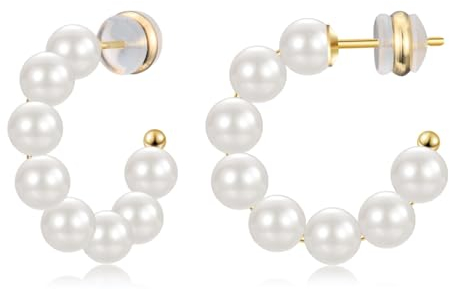 PDTU Perlenohrringe Silber 925, Gold Perlen Creolen, 14K Vergoldet Ohrringe Perlen Leichte Offene Hypoallergen Runde Perlen Ohrringe 20mm für Frauen Mädchen