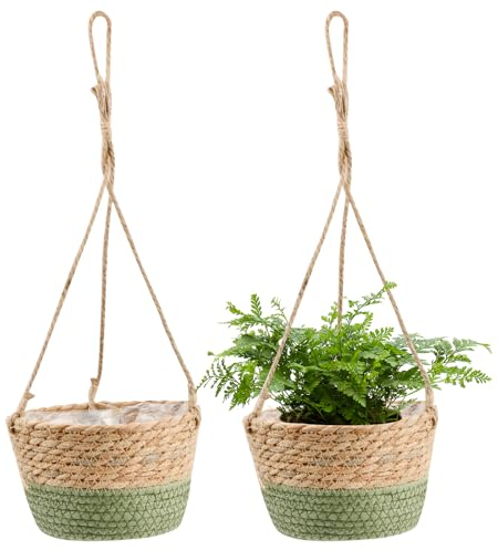 Vaso pensile per piante in erba marina - Set da 2 - Ampolla floreale boho da 20 cm - Vaso da giardino intrecciato a mano per esterni - Cesto sospeso naturale