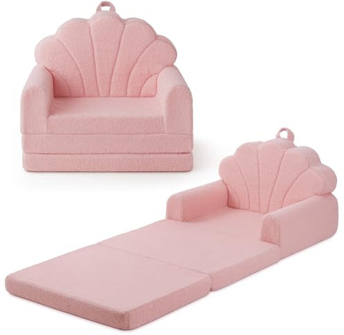 Blissful Diary Kindercouch, 2-in-1 weiche Kleinkind-Couch ausklappbar, Kleinkindstuhl bequem, umwandelbares Sofa zu Liege mit niedlichen Muschel-Designs, Rosa