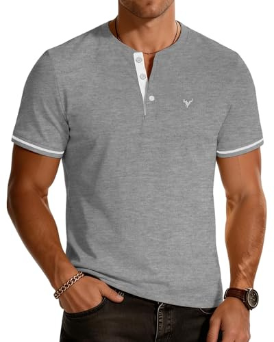 KUYIGO Men's Embroidered Henley T-Shirt Short Sleeve Casual Sports Knit Top