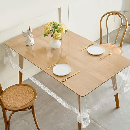 TNSLAND PVC Tischdecke Transparent 150×230cm, Tischdecke Durchsichtig Abwaschbar, Transparente Folie Tisch, Tischdecke Abwaschbar Transparent ölbeständig, Durchsichtige Tischdecke mit Spitze