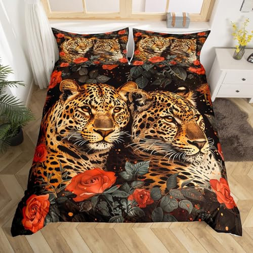 Homewish Housse de Couette Couple Léopard 140x200 avec 1 Taie d'oreiller, Parure de Lit Adulte Guépard Safari, Sets de Housses de Couettes Fleur Rose Romantique, Couvre Lit Aquarelle Graffiti