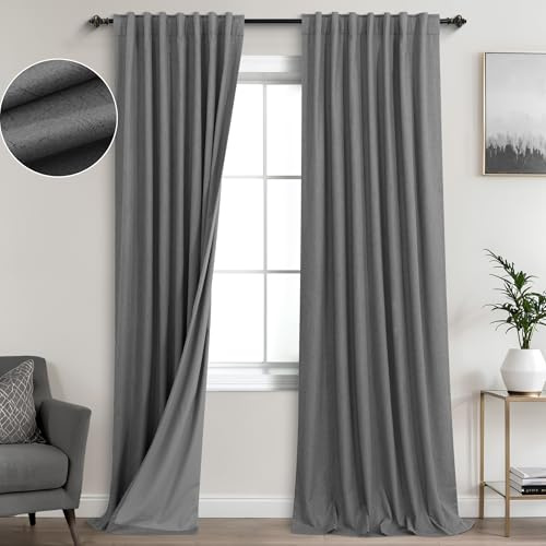 KOUFALL 250 cm Lange Vorhänge, graue Verdunkelungsvorhänge aus Leinen, verdunkelnd, Plissee-Vorhänge für Schlafzimmer, Wohnzimmer, 2 Paneele, Dunkelgrau