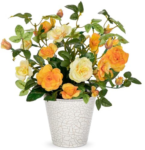 Briful 24CM Artificial Camellia Roses in Pot with Crack Pattern, 9.4 Yellow Artificial Flowers for Decoration, Silk Flowers Faux Camellia Rose for Home Kitchen Bathroom Decorations