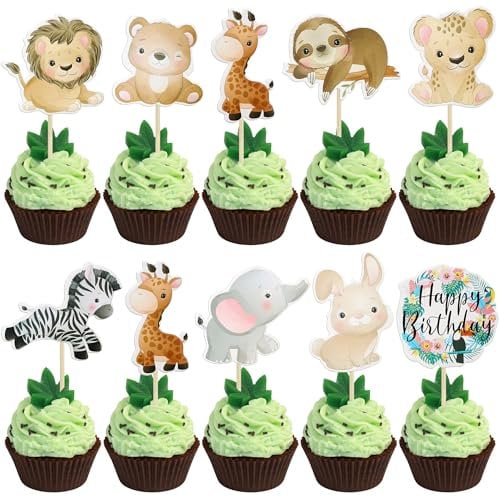 Gyufise 36Pcs Safari Animals Cupcake Toppers Jungle Animals Cupcake Picks Elephant Giraffe Lion Hippo Monkey Zebra Leaf Cake Decorations for Forest Theme Baby Shower Wild Birthday Party Supplies