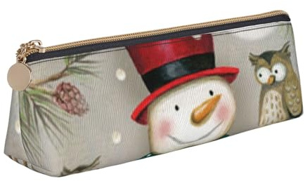 JRBWTDBW Federmäppchen aus Leder, Motiv: Eule, stehend auf Schneemann, schlankes Design, Stifttasche mit metallischem Reißverschluss, Größe für Studenten, Büro, Uni, Mittelschule, weiß, Einheitsgröße,