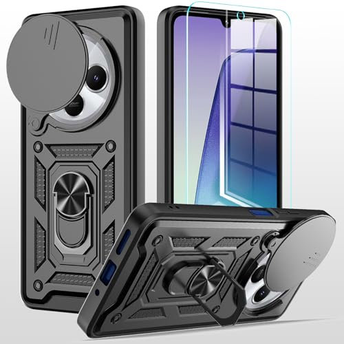 MQERYBV hülle für Xiaomi Redmi 14C Handyhülle Kameraschutz Slide Camera mit 1 Stück Panzer Schutz Glas, 360 Grad Drehbar Metall Ring Fallschutz Handy Hüllen Outdoor Schutzhülle Cover Schwarz
