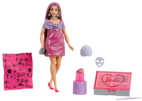 Barbie Party Unboxed Puppe und Accessoires, Glam Party Serie mit 10 Überraschungen, darunter eine pink glitzernde Puppe mit Farbwechseleffekt, JFY67