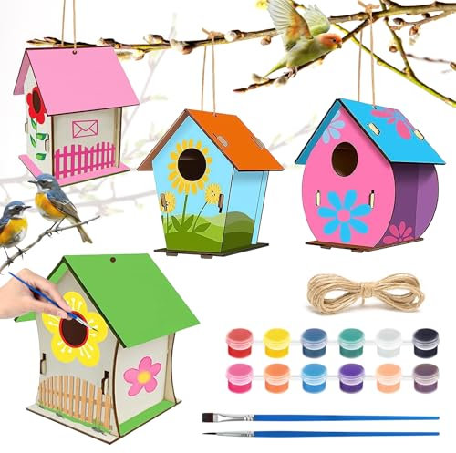 4 Pcs DIY Bird House Kit Kids, Wooden House Craft Kits for Children Small Size ,Paint Your Own Birdhouses, Craft Box for Kids to Build and Paint Birdhouse, Wood Painting Kits for Girls and Boys
