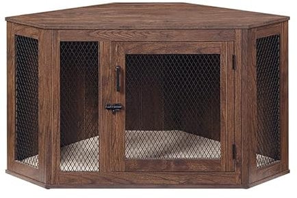 QYMLSH Single Door Dog Crate Furniture, Decorative TV Stand Indoor Kennel Rustic Dog House Heavy Duty Chew-Resistant Walnut Color Wooden Corner Cage For Small/Medium/Large Dogs