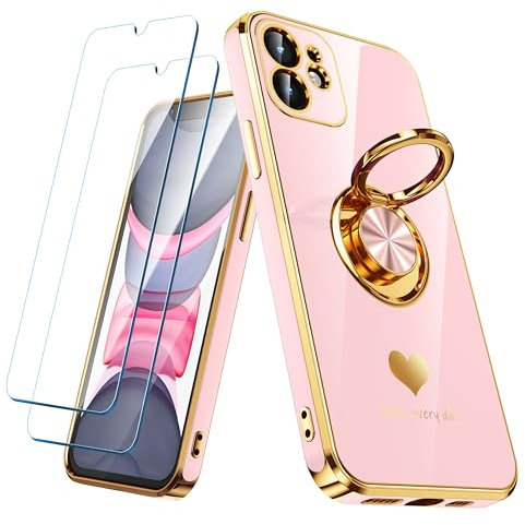 Nonional Compatible for iPhone 11 Case with 2 Pack Screen Protector, 360° Rotatable Ring Holder [Luxury Hearts Pattern] Plating Gold Edge Slim Soft Phone Cover Case for iPhone 11 - Girl Pink