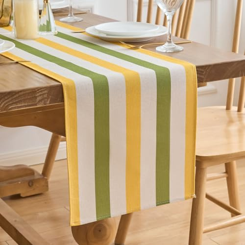 Tischläufer Modern Gelb Grün Bunt Streifen Polyester Modern Wohnzimmer Vintage Tischdecke für Esszimmer Urlaub Party Picknick 33x183cm