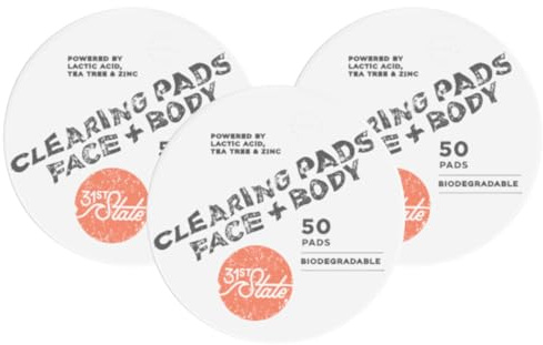 31st State Clearing Pads Face + Body, Set of 3, With Lactic Acid, Manuka Extract & Tea Tree, Fights Breakouts, pH-Balanced, Non-Stripping, For Teenage Skin