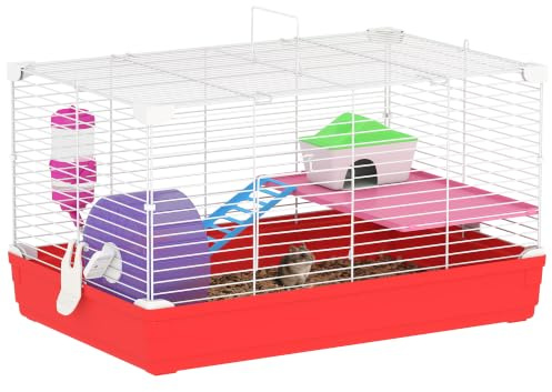 PawHut Hamster- und Rennmauskäfig, 2 Etagen, tragbar mit Griff | Laufrad, Wasserflasche, Schüsseln
