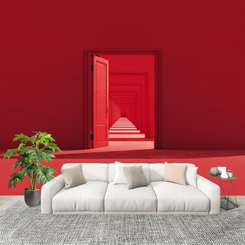 Papier Peint Intissé 200x140 cm Abstrait Minimaliste Porte Des Illusions Grandes poster Mural Photo Papier Peint Panoramique Rouge 3D Tapisserie Poster Decoration Murale Chambre Salon mange