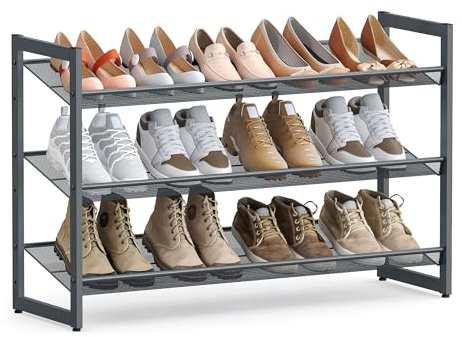 SONGMICS Songics Schuhregal, 3-stöckig, stapelbar, Metall, flach und schräg, verstellbar, Schuhregal, für Schränke, Schlafzimmer und Eingangsbereich Rauchgrau