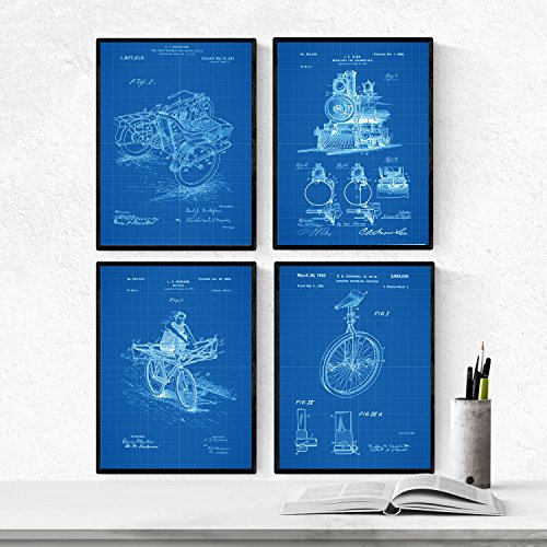 Nacnic BLUE - Packung mit 4 Blatt mit Fahrzeug PATENT. Stellen Sie Plakate mit Erfindungen und alten Patenten. Wählen Sie die Farbe, die Sie mögen. Gedruckt auf hochwertigen 250 Gramm