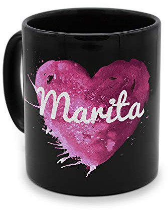 printplanet - Tasse Schwarz mit Namen Marita - Motiv: Painted Heart - Namenstasse, Kaffeebecher, Mug, Becher, Kaffeetasse