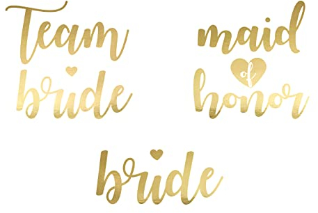 PartyDeco Temporäre Tattoos zum Aufkleben auf die Haut für JGA 13er Set Gold - Metallic Tattoo Aufkleber für Frauen - Abziehtattoos Bride/Maid of Honor/Team Bride