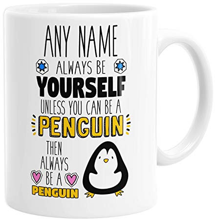 Daytripper Personalised Penguin Mug, Funny Penguin Gift, Custom Name, Gifts for Girls or Women, Ceramic Cup