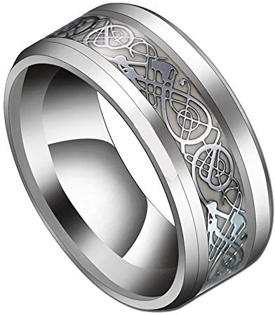 HIJONES Herren Celtic Silber Dragon Grün Nachtleuchtend Carbon Fiber Silber Edelstahl Ring Ehering 8MM Größe 57