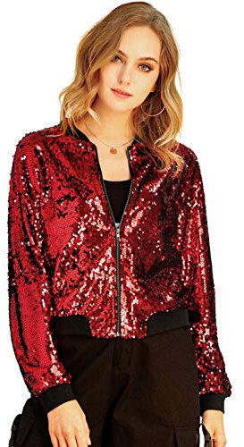 Allegra K Damen Glitzer Jacke Bomberjacke Pailletten Bomber Jacke Langarm Party Club Metallic Sequin Jacken Rot S