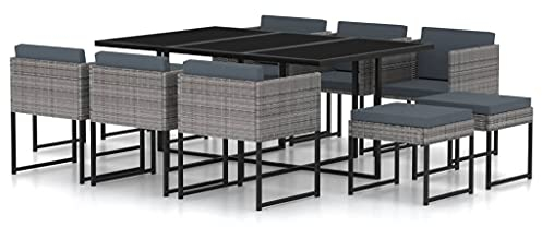 vidaXL Gartenmöbel 11-TLG. mit Kissen Sitzgruppe Gartengarnitur Gartenset Sitzgarnitur Esstisch Gartentisch Stühle Hocker Poly Rattan Grau