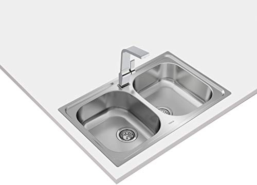 Teka Universe 80 T-XP 2C - Fregadero Encastrado de 80 cm, Dos Cubetas, Desagüe con Válvula Manual con Canasta y Sifón, Acero Inoxidable