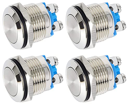 GUUZI 4pcs 16mm Wasserdichter Rastender Druckknopfschalter mit Schraubklemmen 3A/12V/24V/125V/250V Edelstahl-Metallknopfschalter (Flachkopf)