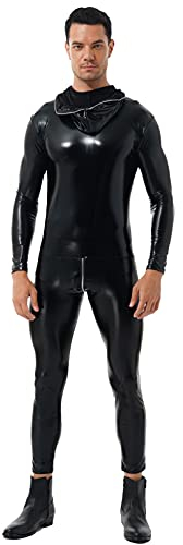 Agoky Herren Wetlook Bodysuit Slim Fit Ganzkörperanzug Metallic Jumpsuit Overalls langarm Top und Strumpfhose lange Leggings sexy Kostüm Schwarz B M