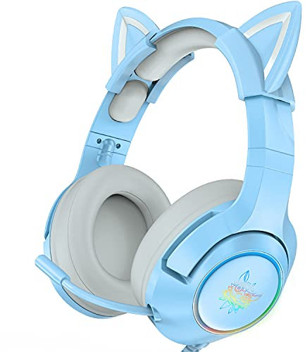 SIMGAL Blue Gaming Headset with Removable Cat Ears, Compatible with PC PS4 PS5 Xbox One(Adapter Not Included) Mobile Phones, with Surround Sound, RGB Backlight & Noise Canceling Retractable Microphone