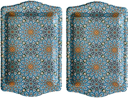 Totally Turkish Premium Design Small Serving Tray – Twin Pack of Trays with Gift Box, Decorative Serving Plates for Cups, Drinks, Bowls. 25 x 16 cm. Ideal Surface tidier for Household Items (Sky Blue)
