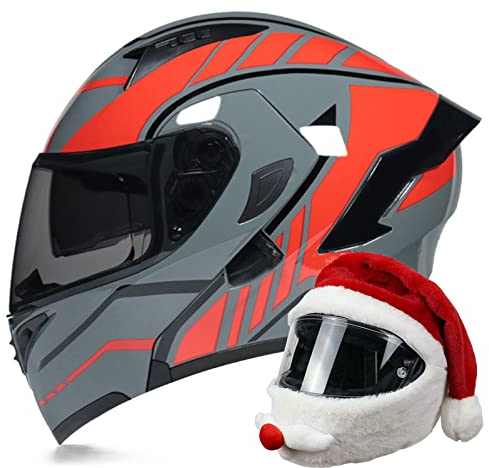 DOPORA Modularer Motorradhelm Klapphelm Doppel-Sonnenblende Integralhelm ECE-zertifizierter Helm für Erwachsene Männer und Frauen mit Weihnachtsmütze Crash-Helm,10,XXL