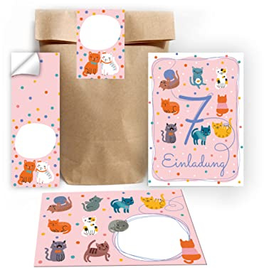 Junapack 12 Einladungskarten zum 7. Kindergeburtstag siebte Geburtstag Mädchen Jungen Katzen Katze incl. 12 Umschläge, 12 Tüten/Natur, 12 Aufkleber