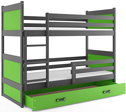 Interbeds Etagenbett Rico 200x90cm Grau+Varianten/mit Matratzen, Schublade und Lattenroste (grau+grüne Schublade)