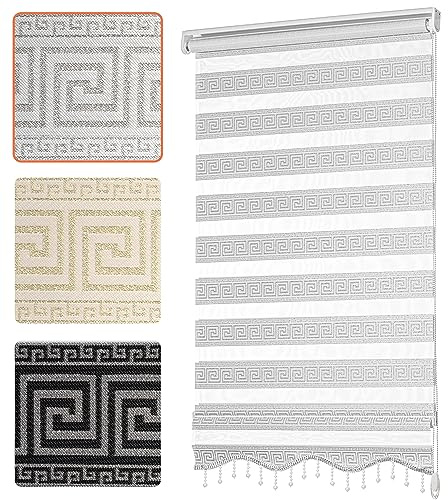 Doppelrollo mit Muster Mäander Deko Griechischer Schlüssel Ornament Motiv Klemm Duo Rollos für Fenster Innen ohne Bohren Weiß Silber 90x200 cm